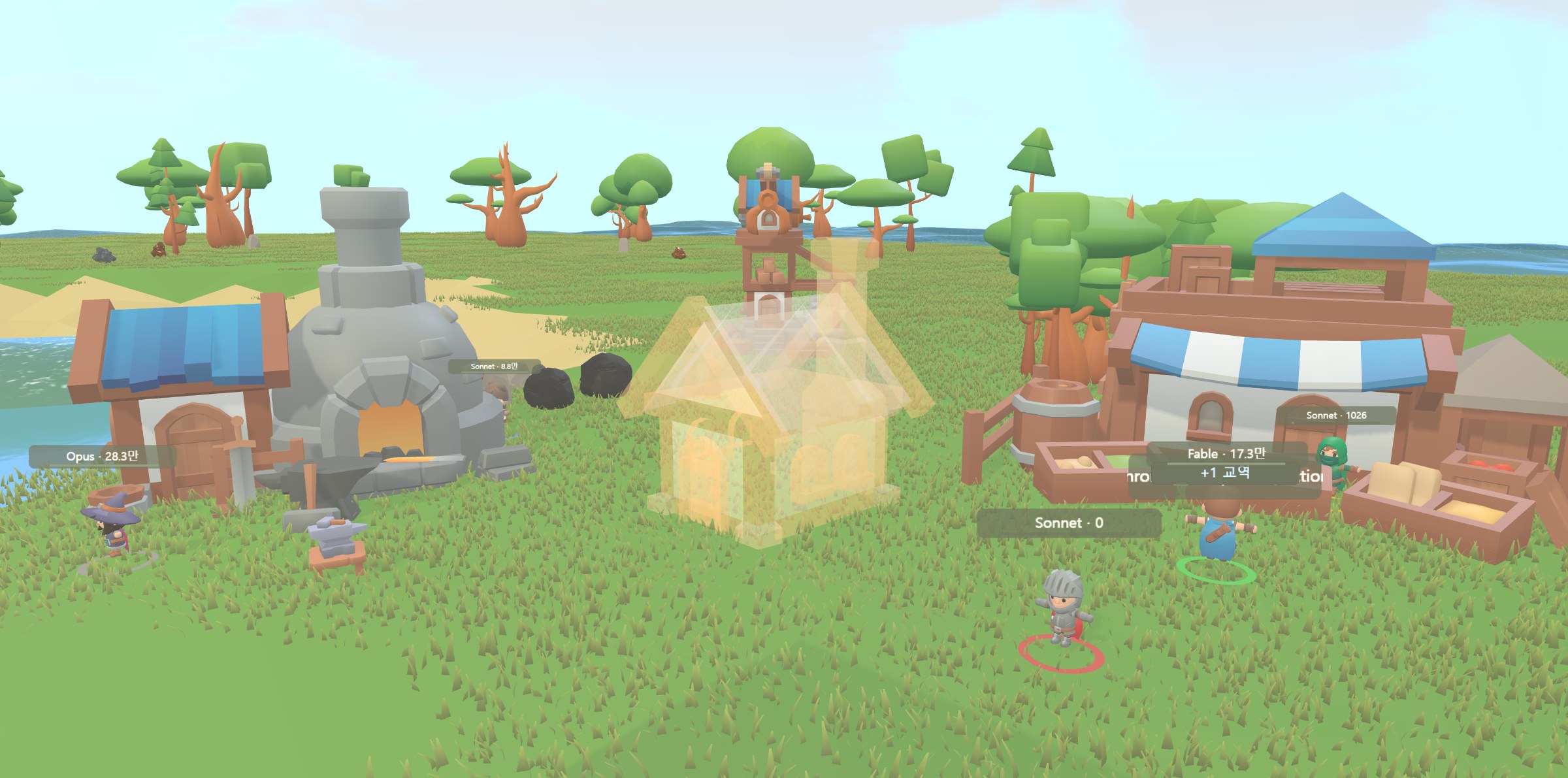 hearthling village — workers labeled with model names building a village